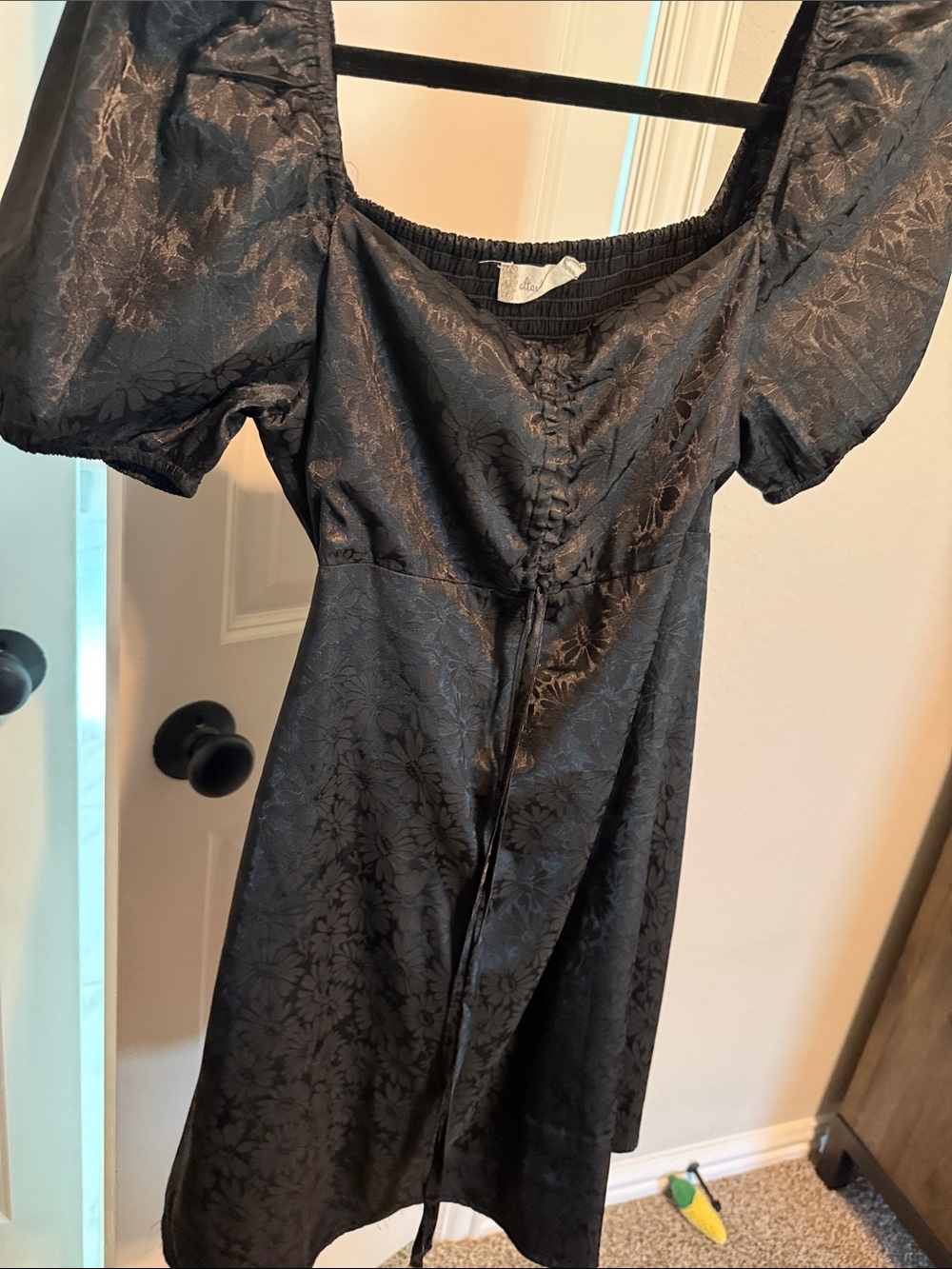 Altar'd State Black Floral Jacquard Puff-Sleeve Mini Dress
